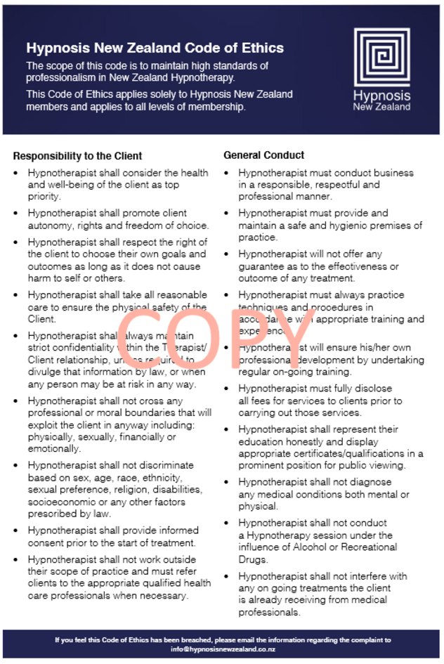 The Hypnosis New Zealand Code of Ethics